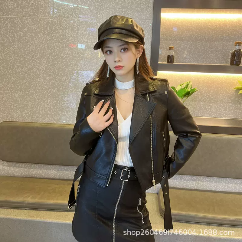 欧美时尚翻领长袖拉链腰带修身PU皮革短款皮衣外套外贸跨境女装