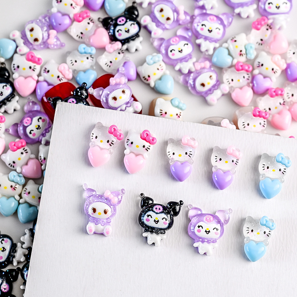 Cartoon Kt Cat Kuromi Nail Art Decorations 10 Pieces Bagged Resin Pink Hello Kitty Holding Heart Small Ornaments