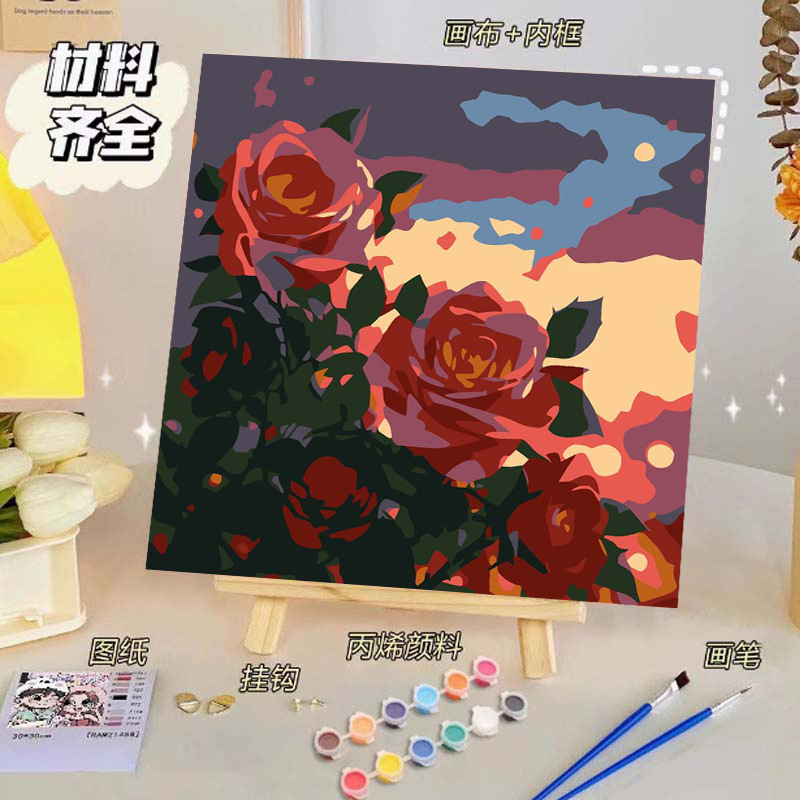 バラのデジタル油絵diy子供の塗り絵の高級感手作りの風景の花の対外貿易の露店の商品|undefined