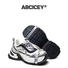 【スター同金】ABCICEY銀色カジュアル通気性のあるお父さん靴の女性の厚い底が7cm高くなりました。