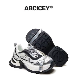 【明星同款】ABCICEY银色休闲透气老爹鞋女厚底增高7cm绑带休闲鞋
