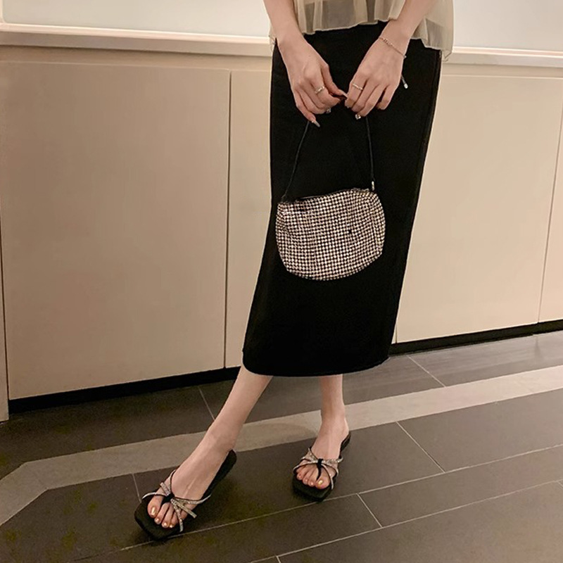 Su Yinyin verano nuevo Moonlight Wonderland ~ Chancla de correa fina de diamantes de imitación, chanclas planas, sandalias femeninas, verano