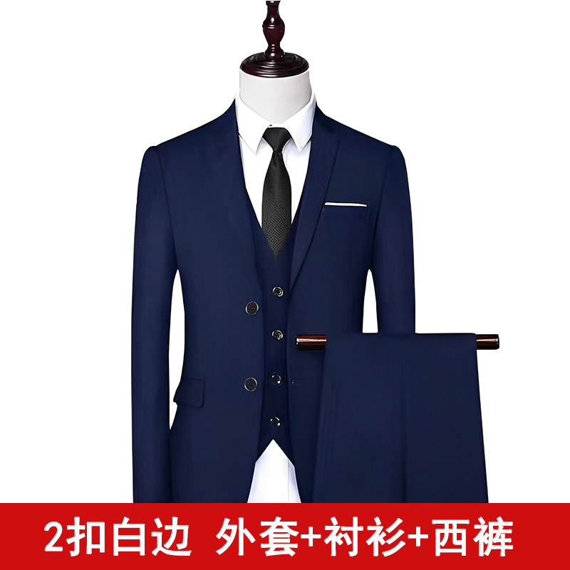 2 botones azul marino borde blanco, camisa, pantalones de traje