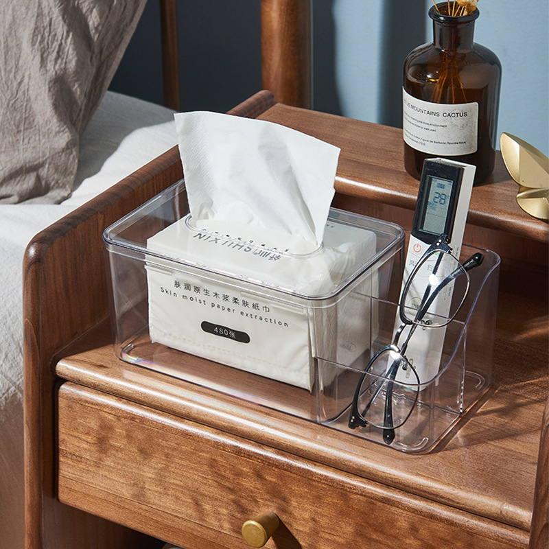 Caja de almacenamiento de tejido acrílico transparente empresa banco regalo caja de tejido de plástico caja de tejido de escritorio en stock al por mayor