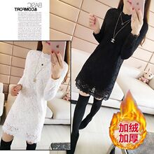 薄款/厚款秋冬女装大码蕾丝上衣长袖打底衫加绒加厚中长款连衣裙