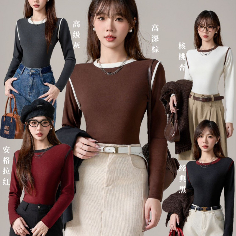 2025秋冬新款拼色圆领长袖磨毛打底衫女内搭外穿时髦亲肤软糯长袖|undefined