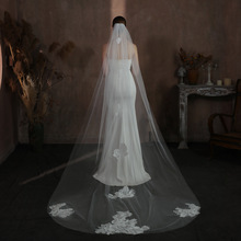 V327高品质蕾丝花片新娘头纱 长款拖尾白色单层婚礼旅拍头纱批发