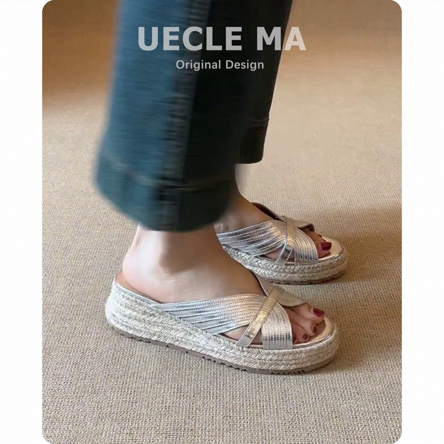Sheepskin ~ Thick-soled slippers for women, summer outer wear, new silver Birkenstock shoes, matching skirts, linen-soled sandals