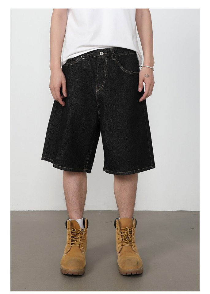 Quần short jean nam lửng ống rộng dáng suông phong cách retro, chất liệu denim thô — Denim đen, Xanh denim chi tiết 4