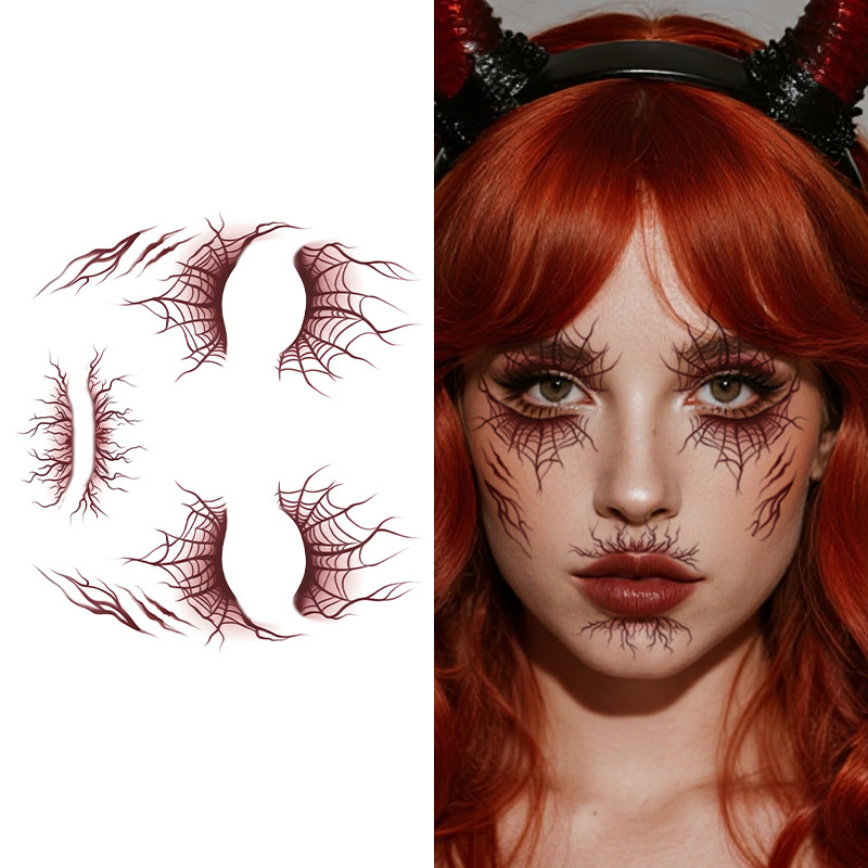 Cross-Border Gothic Full-Face Spider Web Tattoo Stickers Around Eyes and Lips, Spider Horror Dark Atmosphere, Cool Niche Temporary Tattoos