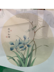 新中式屏風紗畫圓形半透明絲絹紗花格畫布山水花鳥圓框玄關畫