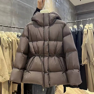 Korean-style Hooded Goose Down Suit Women's Mid-length 2024 Winter Drawstring Waist Thickened Elegant Bread Down Jacket