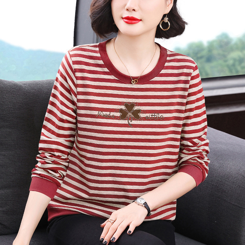 Loose Long-Sleeve T-Shirt for Women, Mom Style, 2025 Autumn New Rhinestone Large Size Women's Striped Round Neck Top Trendy