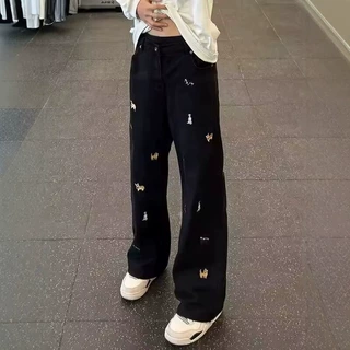黑色线条小狗刺绣牛仔裤女款美式高街vibe裤子直筒宽松显瘦微喇裤