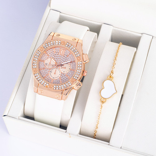 ins Korean style diamond fashion pu strap watch simple watch bracelet two piece set wholesale watch ladies fashion