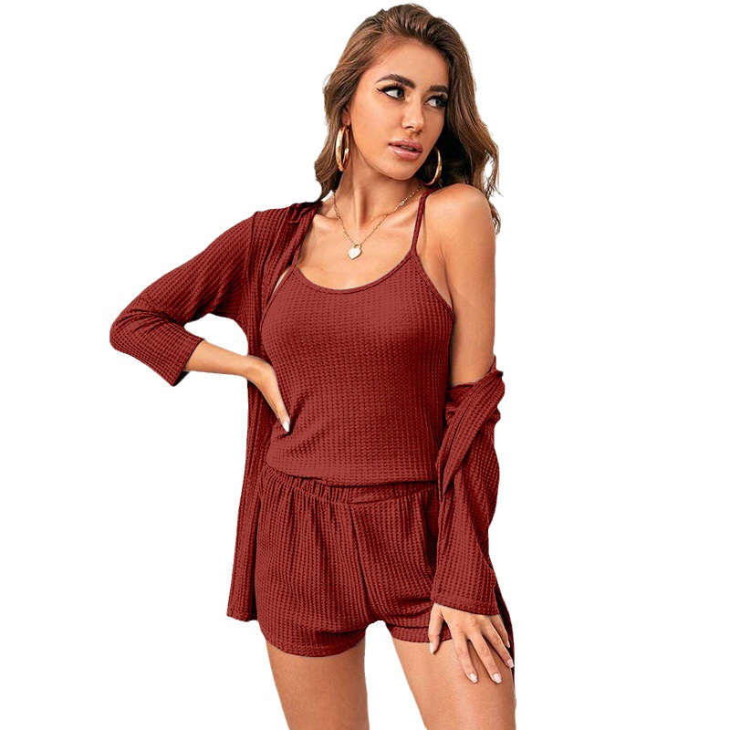 Waffle se puede usar fuera de tres piezas de desgaste en el hogar de las mujeres pantalones cortos de la Liga bata traje de pijama casual W0253