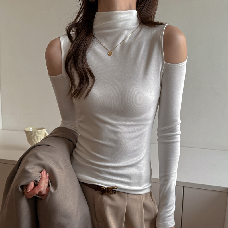 하프 터틀넥 가을 겨울 오프 숄더 섹시한 긴팔 여성용 셔츠, 패셔너블한 티셔츠, 슬림핏 탑