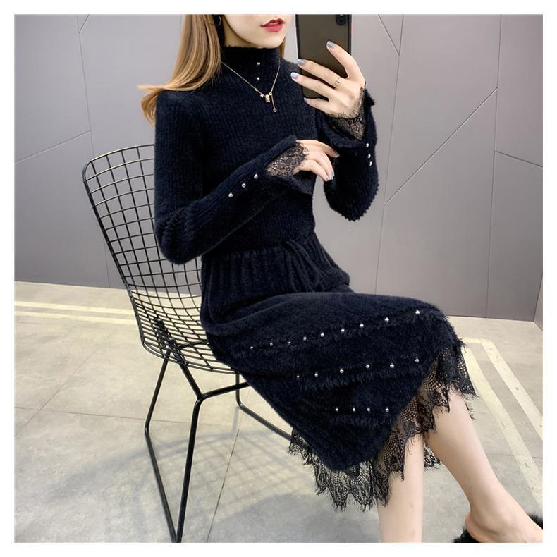 2023 New Lace Stitching Over-the-knee Knitted Bottoming Mid-length Dress Women's Autumn and Winter Imitation Mink Velvet Sweater Women