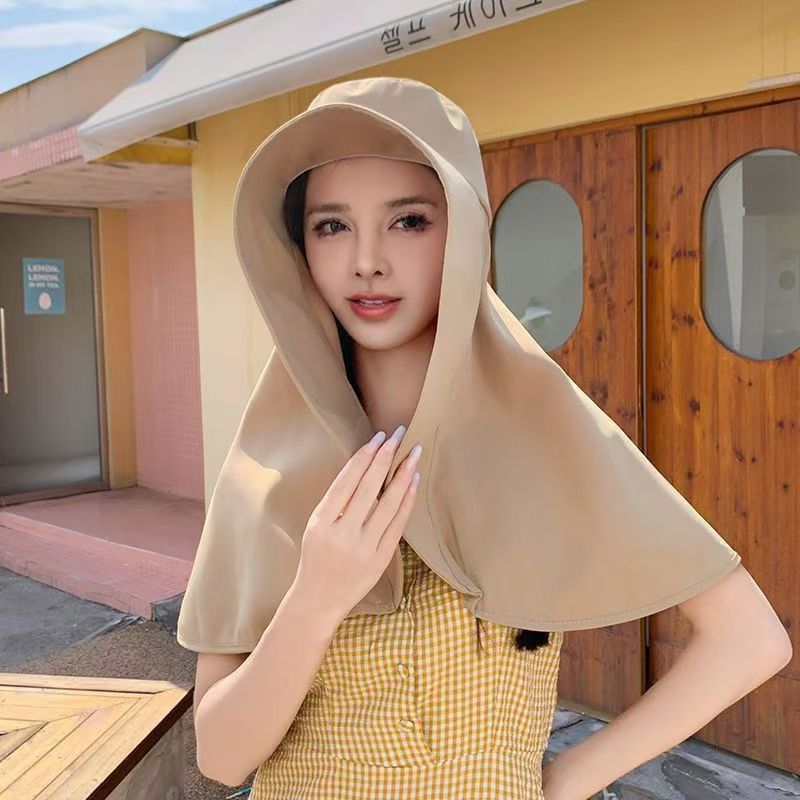 女性用夏の日よけ帽子、空のシルクハット、アウトドアハット、女性用大きなつばのネックプロテクションショール、オールインワンサンハット