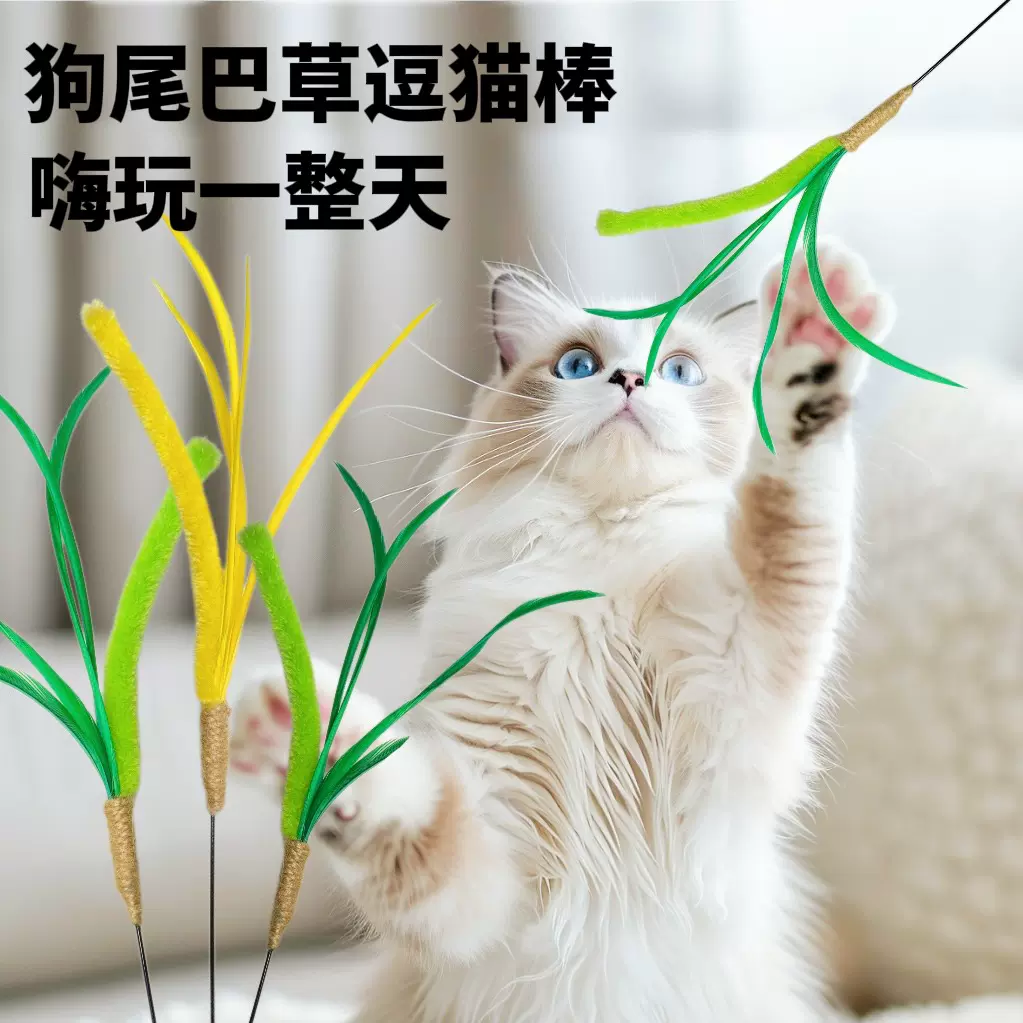 跨境新款狗尾巴草逗猫棒长杆耐咬猫玩具自嗨解闷手持猫咪逗猫棒