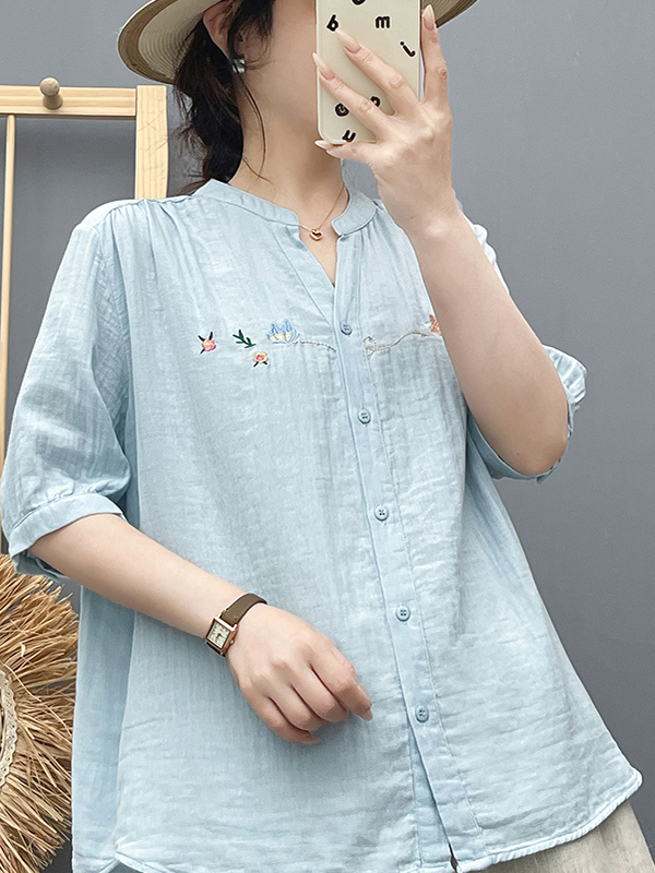 Double-Layer Cotton Gauze Five-Quarter Sleeve Shirt for Women, Summer French-Style Embroidered Lace Placket, Beautiful and Unique Pure Cotton Top Double-Layer Cotton Gauze Five-Quarter Sleeve Shirt for Women, Summer French-Style Embroidered Lace Placket, Beautiful and Unique Pure Cotton Top