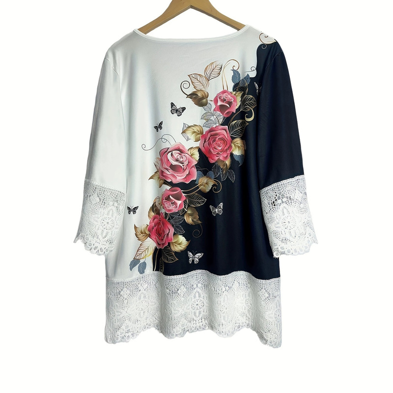 Lace Patchwork Rose Print V-Neck T-Shirt for Women, Loose Fit, Three-Quarter Sleeve, Fashionable Casual Top Lace Patchwork Rose Print V-Neck T-Shirt for Women, Loose Fit, Three-Quarter Sleeve, Fashionable Casual Top