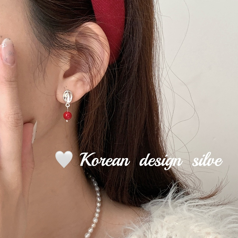 韓版個性冷淡風設計耳飾品 S925純銀橢圓紅珠耳釘氣質小眾女ins風