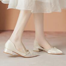 春夏季新款高跟鞋粗跟低跟矮跟百搭黑色尖头单鞋浅口珍珠时装女鞋