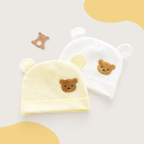 Newborn Cotton Summer Thin Cap for Boys and Girls, Baby Bear Cartoon Headband for Protecting Forehead, 0-3 Months