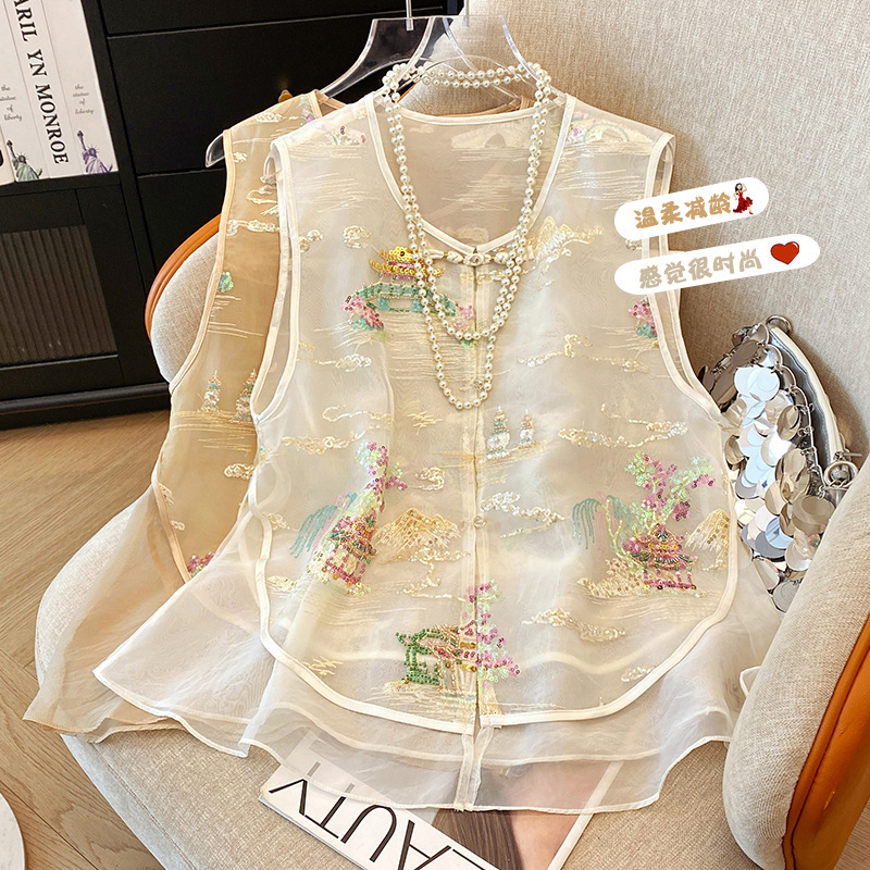 New Chinese-Style National Embroidery Vest for Women, Summer Thin Heavy Embroidery Round Neck Versatile Sleeveless Top