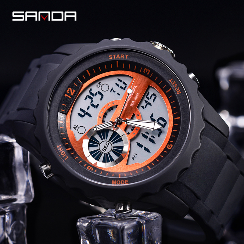 SANDA 769 impermeable multifuncional reloj deportivo al aire libre reloj electrónico de cuarzo de doble movimiento para hombres
