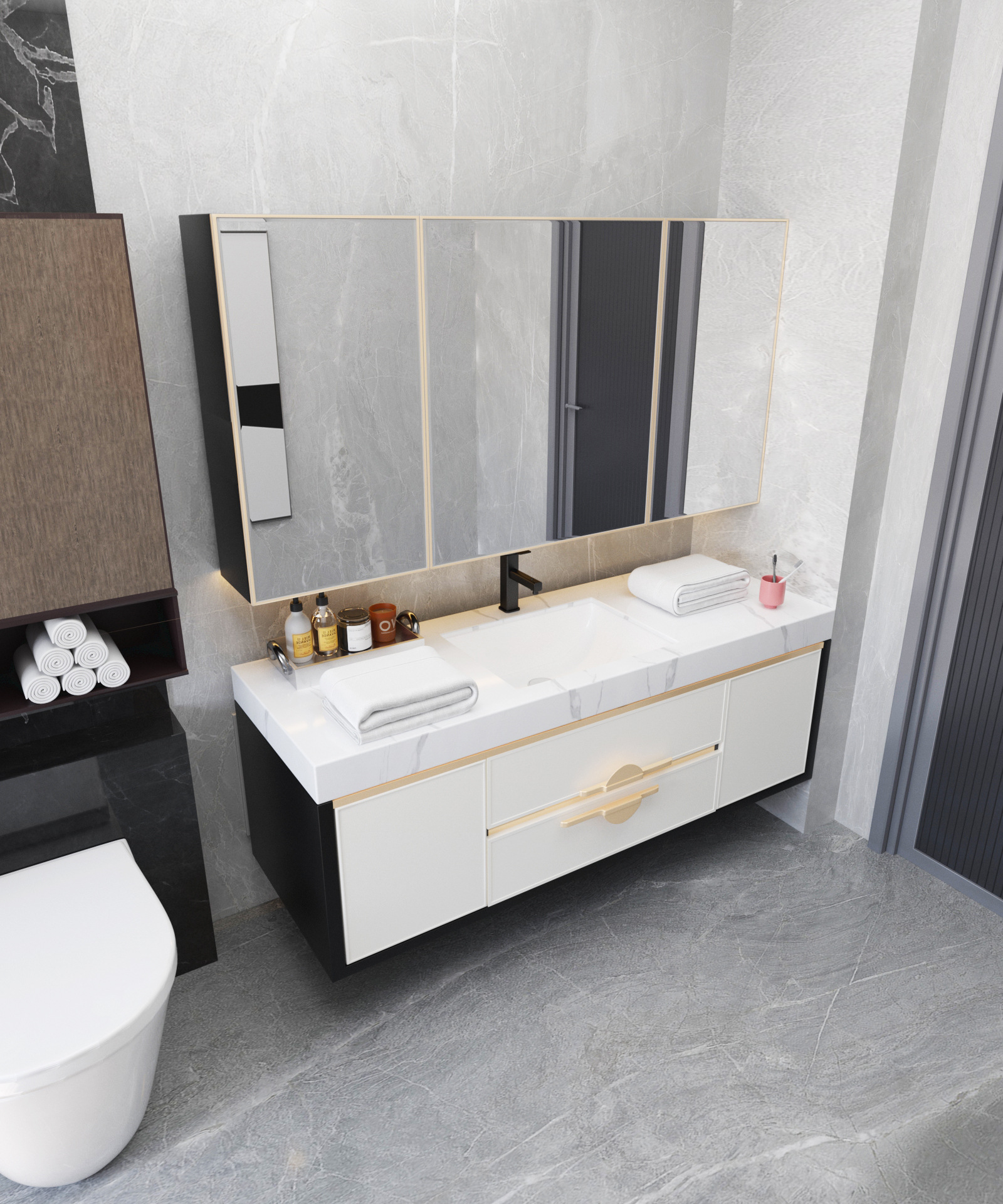 Rock placa espacio aluminio baño gabinete combinación baño simple luz lujo lavabo pequeño lavabo