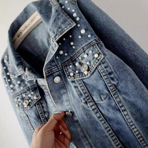 Women's European Plus Size Denim Jacket with Embroidered Beads and Diamond Decoration, Student Style Jacket, Loose Fit