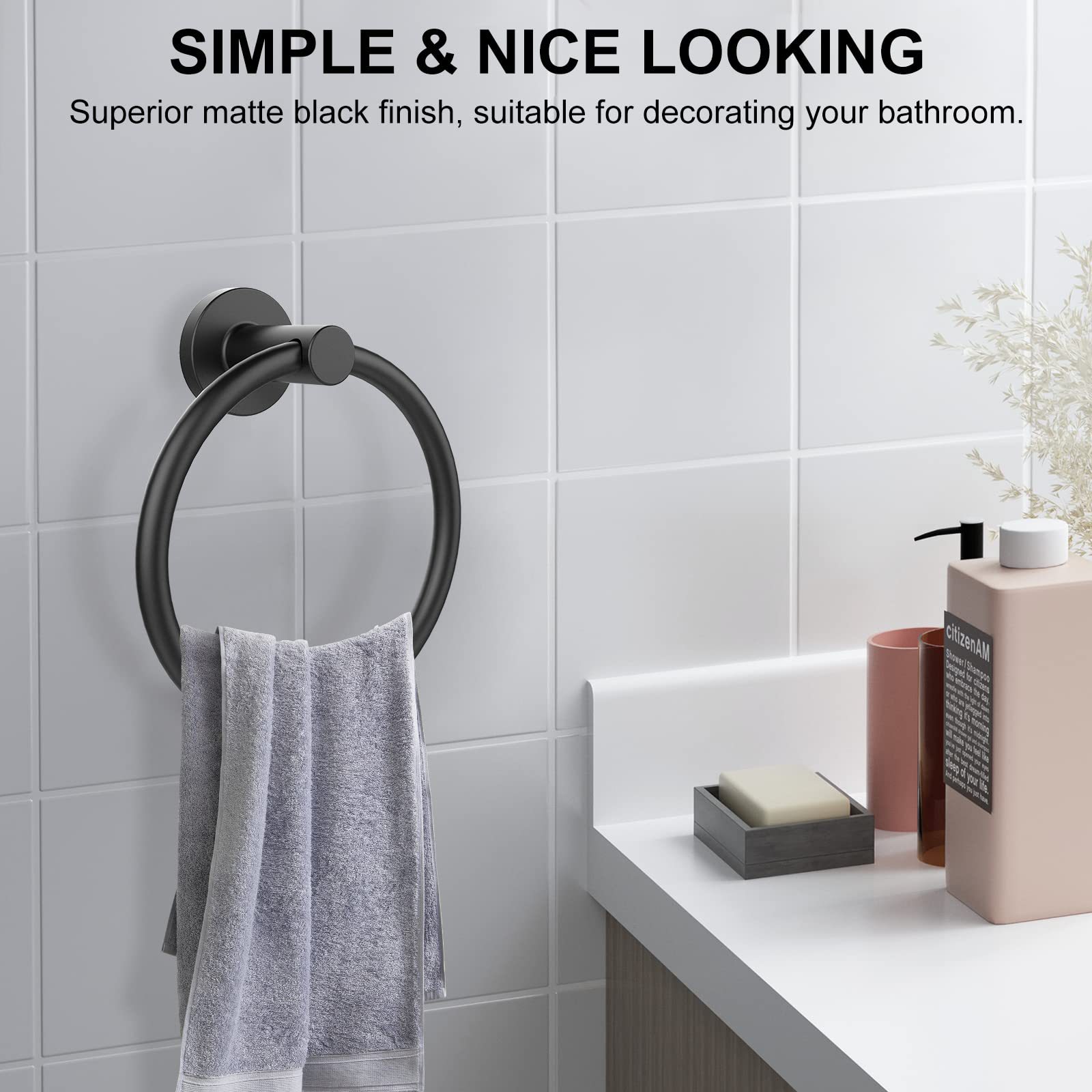 Transfronterizo americano negro baño inodoro sin perforación anillo de toalla de acero inoxidable percha de toalla oval anillo colgante