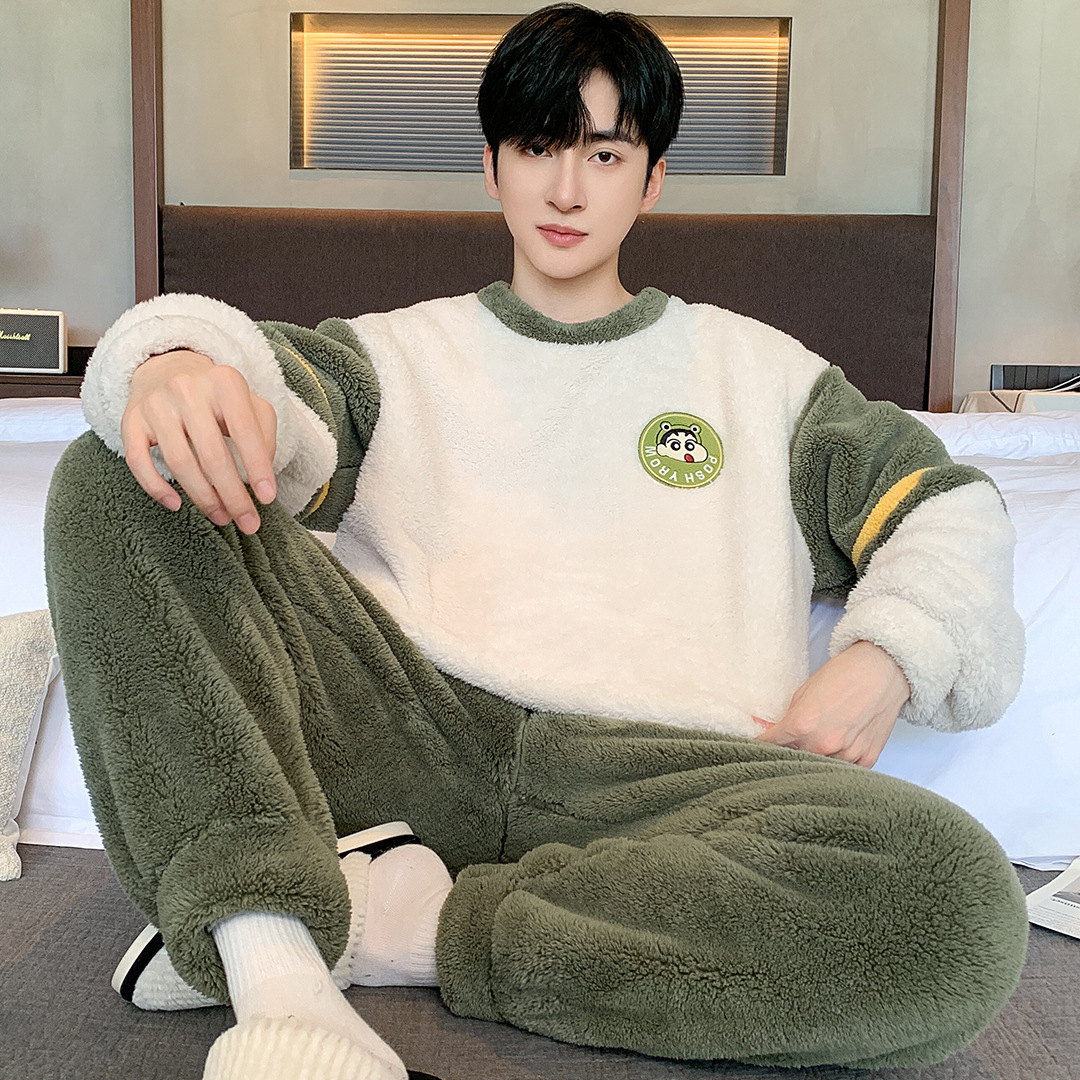 Men's Pajamas Winter Thickeneded Coral Velvet Suit Teenagers Cartoon Flannel Warm Autumn and Winter Plush Velvet Home Clothes