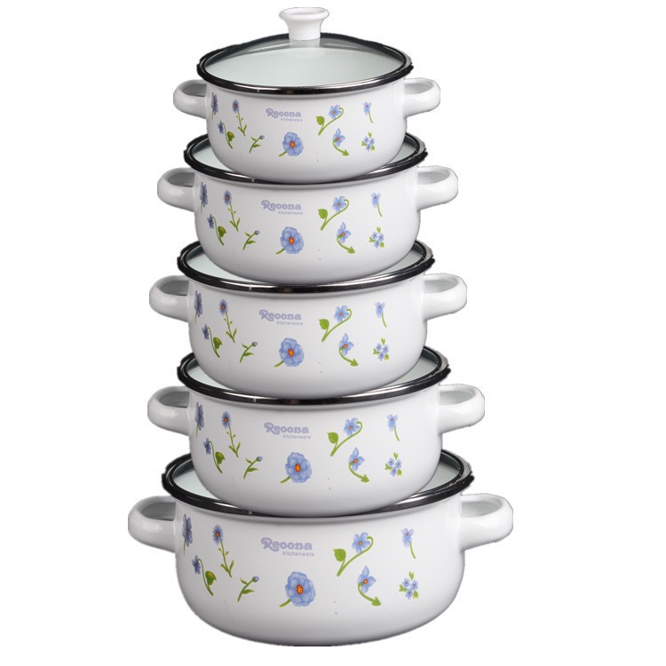 Olla de hierro esmaltada, olla esmaltada con doble asa, olla para sopa de esmalte grueso, olla para guisos, olla para cocinar, juego de cinco piezas