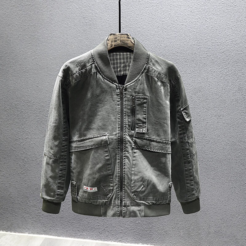 American Style Retro Washed Zipper Hooded Jacket Army Green Heavy Workwear Aviator Old carhartt Jacket for Men