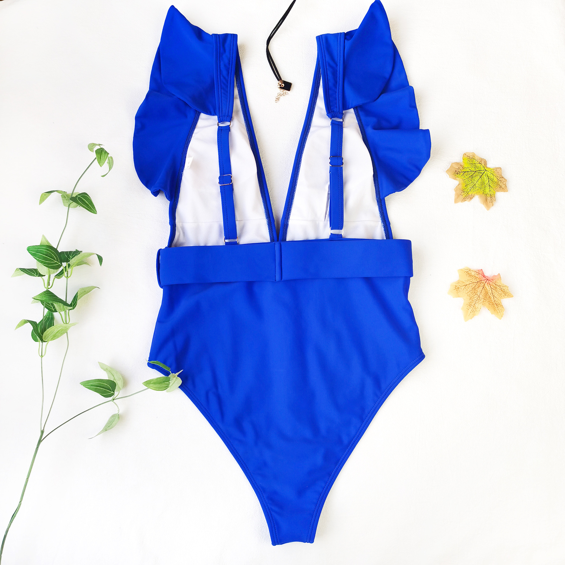 Solid Color V-Neck Belted Ruffled One-Piece Swimsuit NSCMB95364