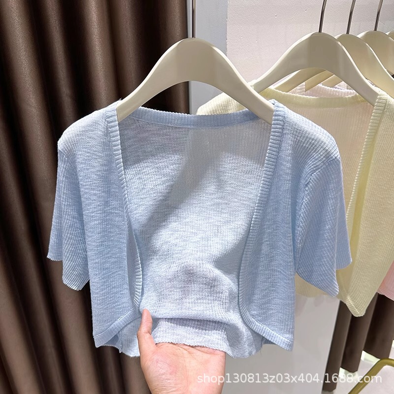 サスペンダースカートと女性用ショートカーディガン、夏用薄手半袖白日焼け止めブラウス、通気性のあるアイスシルクニットトップ|undefined