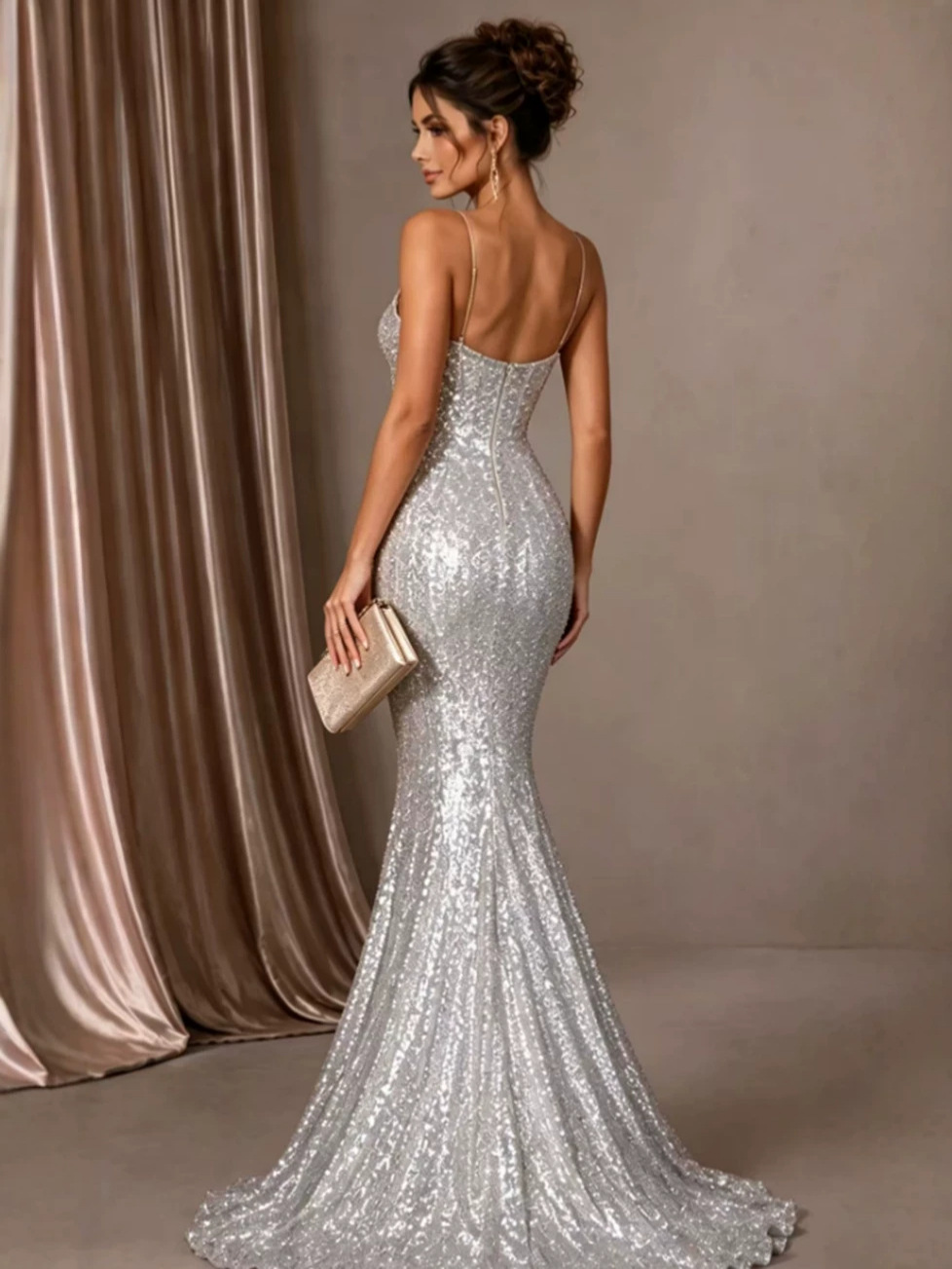 2026 Europäischer und amerikanischer grenzüberschreitender Außenhandel mit Pailletten, V-Ausschnitt, Fischschwanz-Abendkleid, ärmelloses, schmal geschnittenes Kleid mit kleinem Schwanz für Frauen