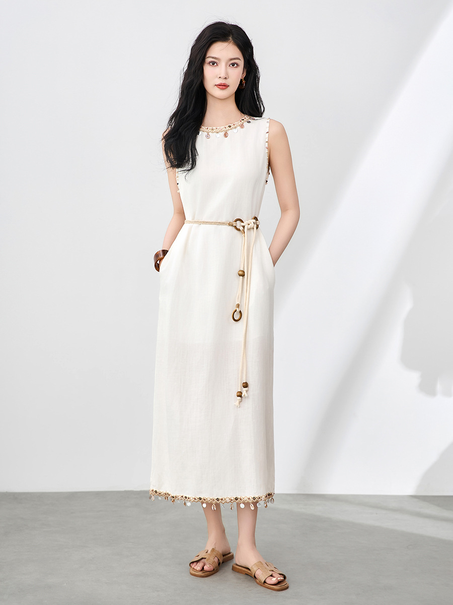 Đầm maxi nữ không tay phong cách Bohemian chất liệu linen tencel phối tua rua — Màu kaki