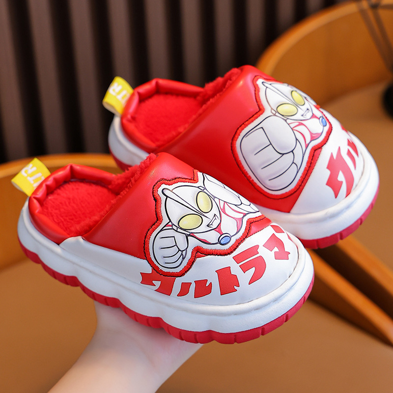 Niños de invierno Ultraman bebé Zapatillas de algodón cálido hogar PU cuero impermeable medio y grande niños bolsa de dibujos animados zapatos de tacón de algodón