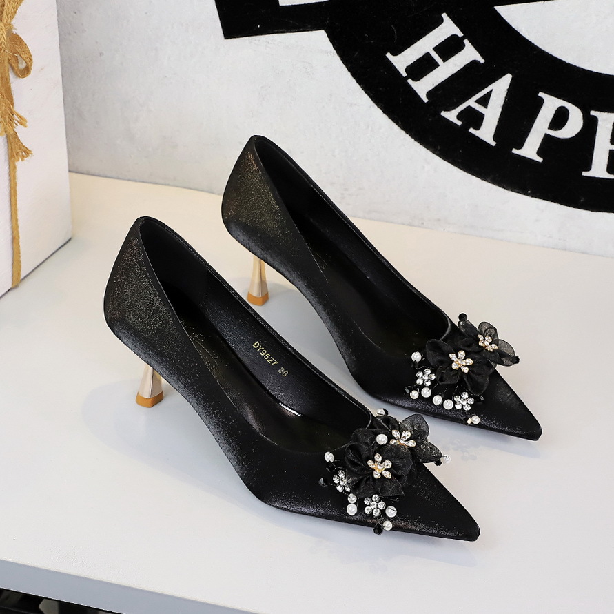 9527-H113 French-style Elegant Lady's Floral Rhinestone High-heeled For Women, Pointed Toe, Shallow Cut, Satin, Thin_vogvips.com