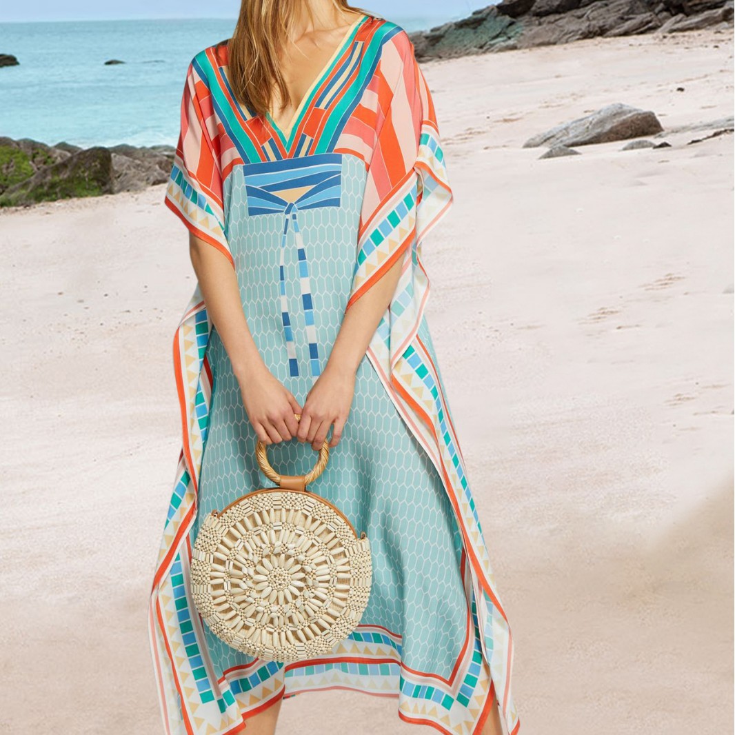 Blusa de playa europea y americana de secado rápido delantero y trasero con cuello en V posicionamiento impreso suelto Vestido de playa vacaciones blusa túnica 1D38