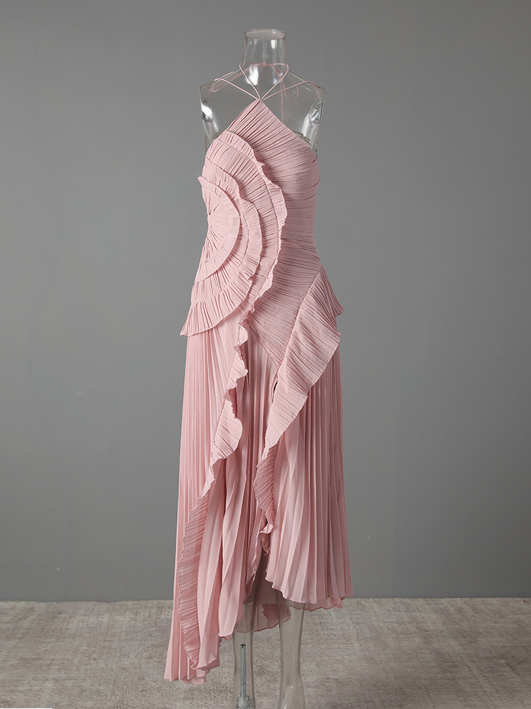 Elegant Chiffon Wrap Neck Maxi Dress With Ruffles & Backless Design For Vacation & Party,Enhances Your Curves While Elongating Your Silhouette._ecoleips.com