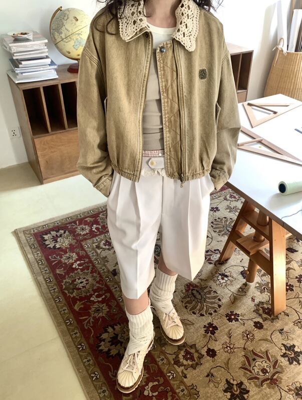 leo美式复古女25年秋季新款褶皱休闲POLO领翻领牛仔外套夹克上衣|undefined