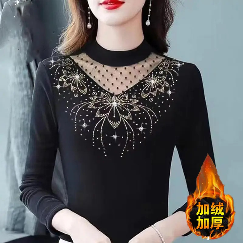 Lace Long-Sleeved Bottoming Shirt with Beaded Sequin Half Turtleneck Top for Women with Velvet Outer Wear