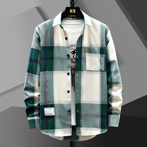 Red Grid Shirt Men's Long Sleeve Loose Casual Collar Shirt Korean Style Trendy Cool Workwear Short Sleeve Outerwear Spring