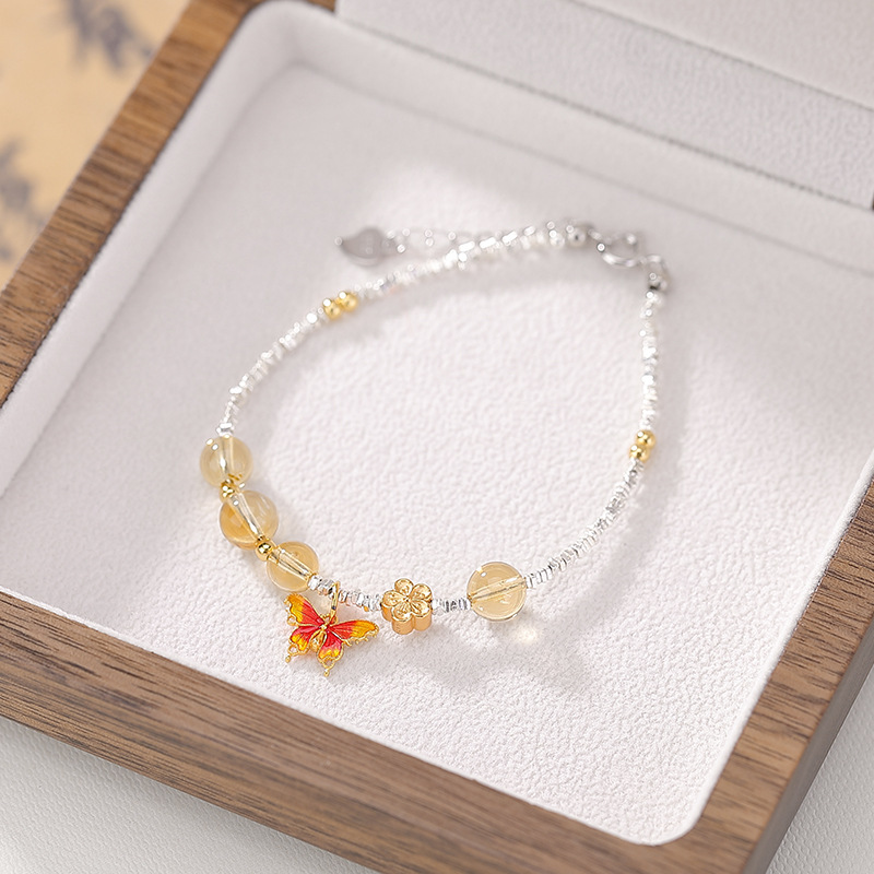 Vòng tay bạc S925 mạ vàng pha lê men hoa nhỏ hạt tròn hình bướm nghệ thuật — Một chiếc