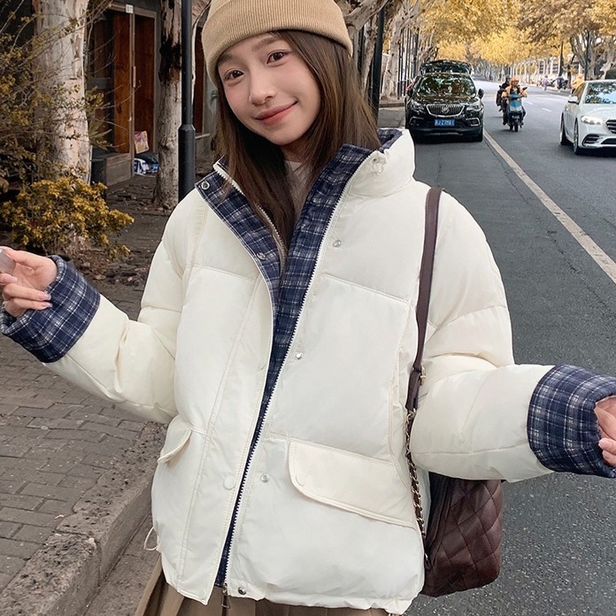 2025冬季拼接条格纹棉衣女短款羽绒棉服宽松休闲立领面包服外套沧